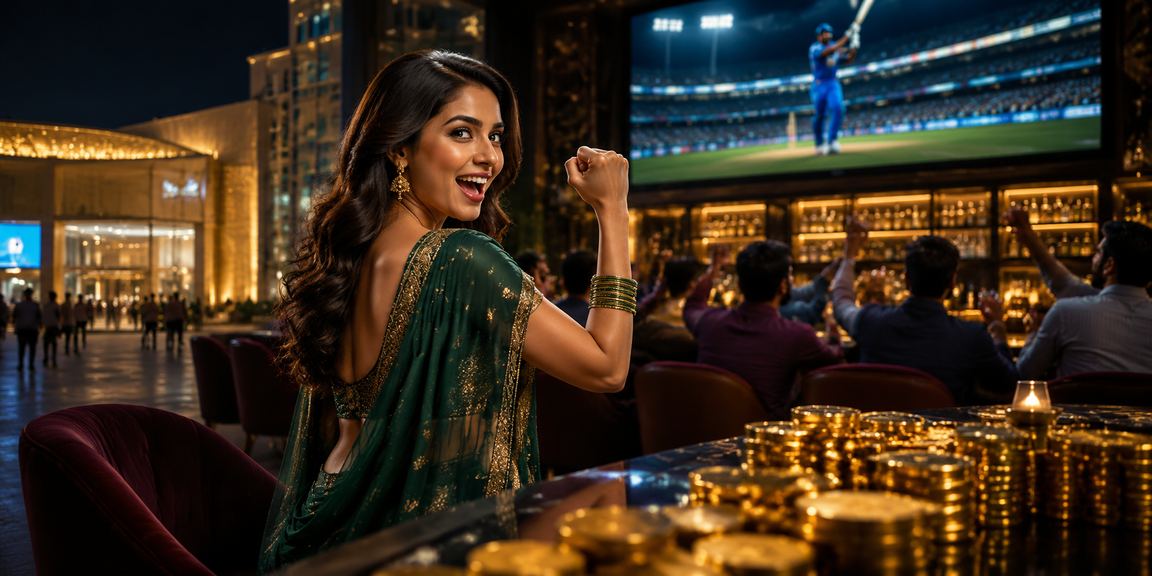 Happy Indian woman enjoying VIP cricket betting benefits in New Delhi