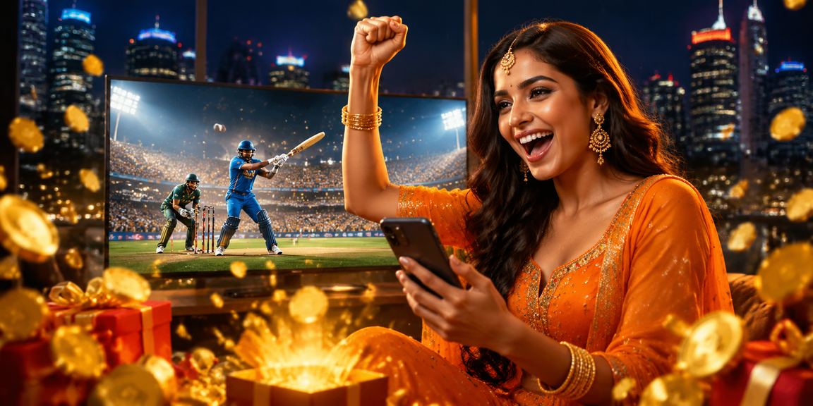 Excited Indian player watching cricket match with mobile betting interface