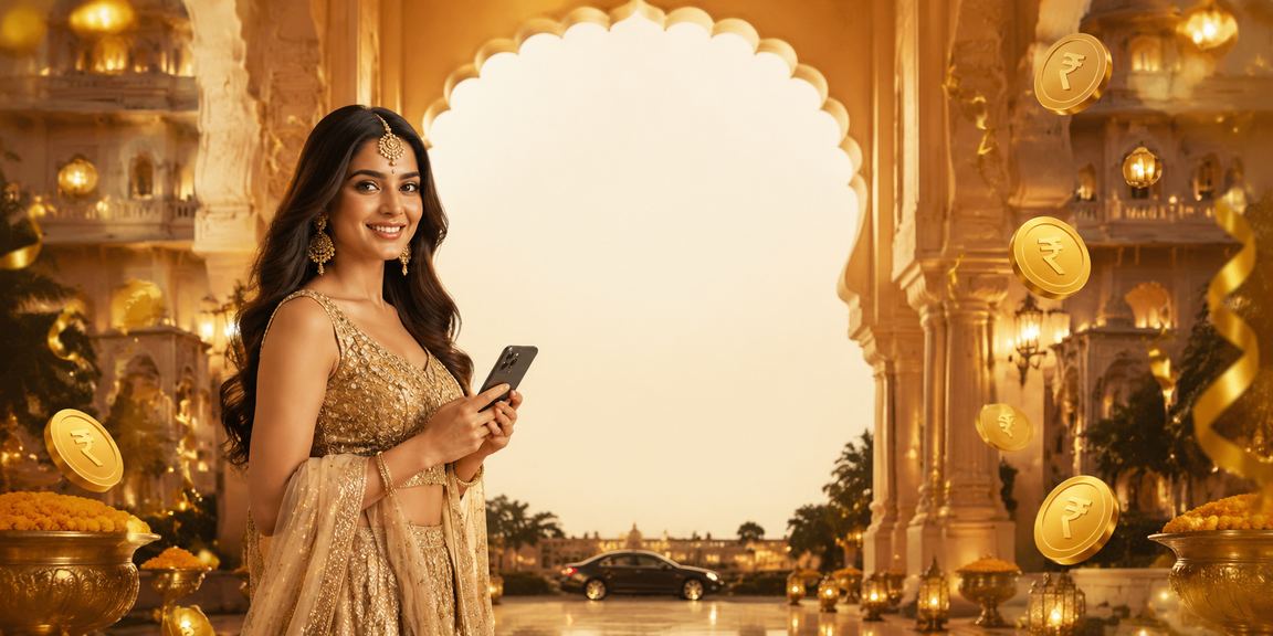 Indian woman using mobile phone to deposit lottery payment in traditional dress